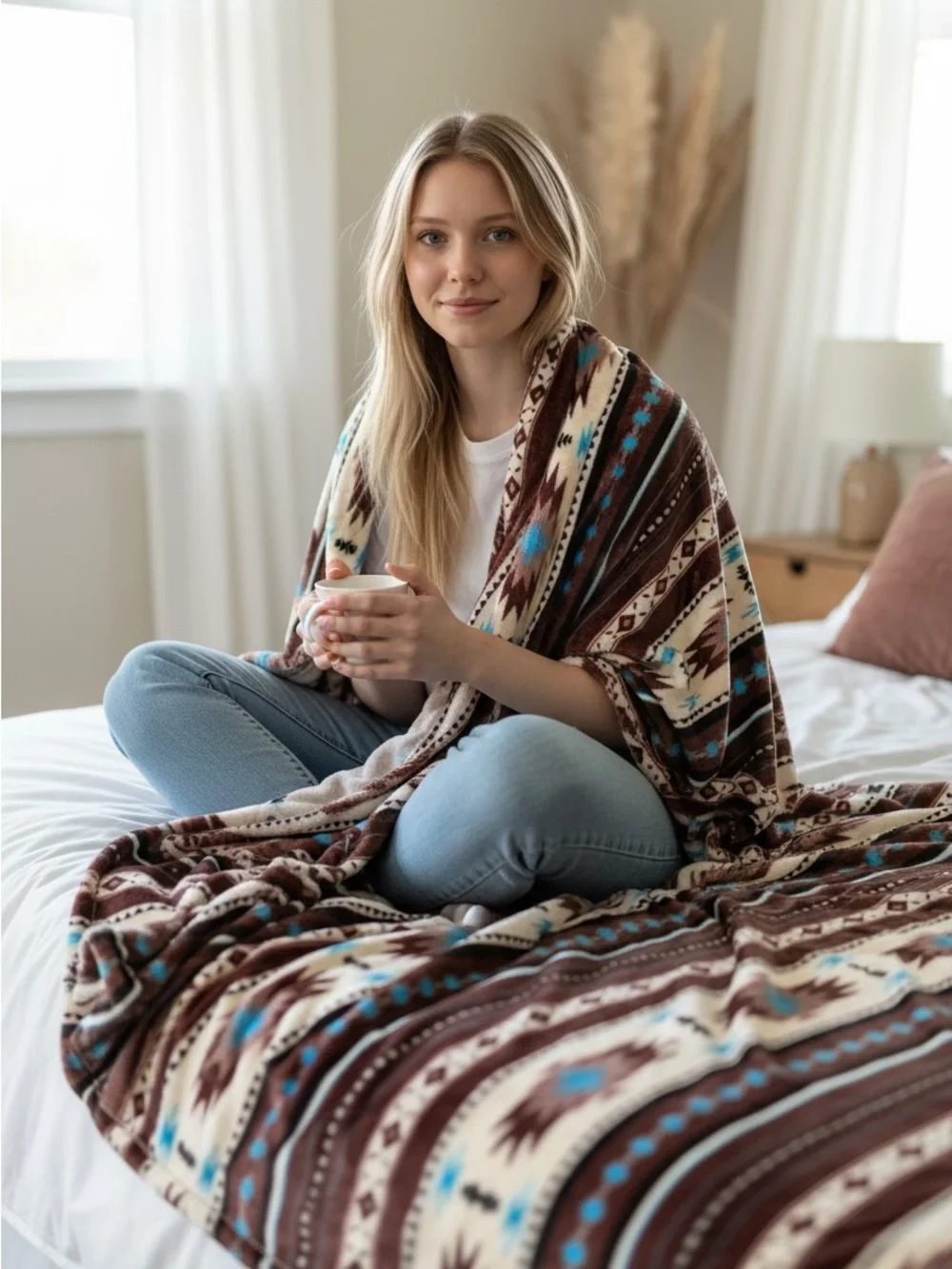 Queen Southwest tribal Aztec Geometric Plush fleece Blanket - BROWN